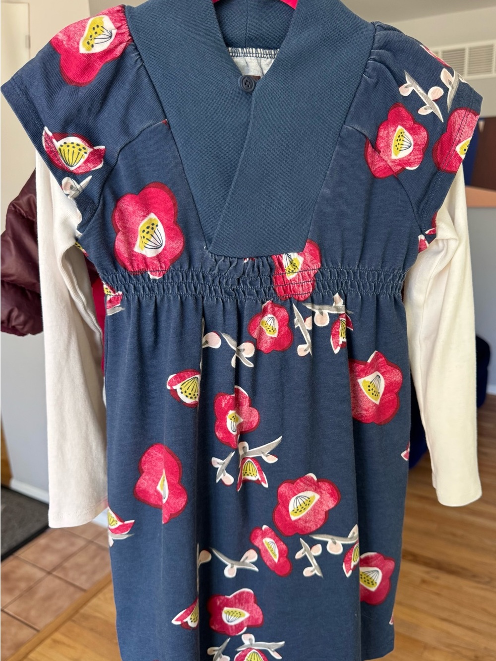 Tea Collection Navy Blue Floral Cotton Dress with Pink Red Flowers